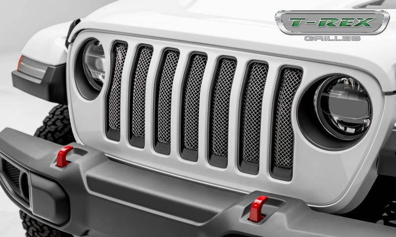 T-Rex 2018-2023 Jeep Wrangler JL 2020-2023 Jeep Gladiator Sport Series Formed Mesh Grille Installs behind factory grille Polished 44493