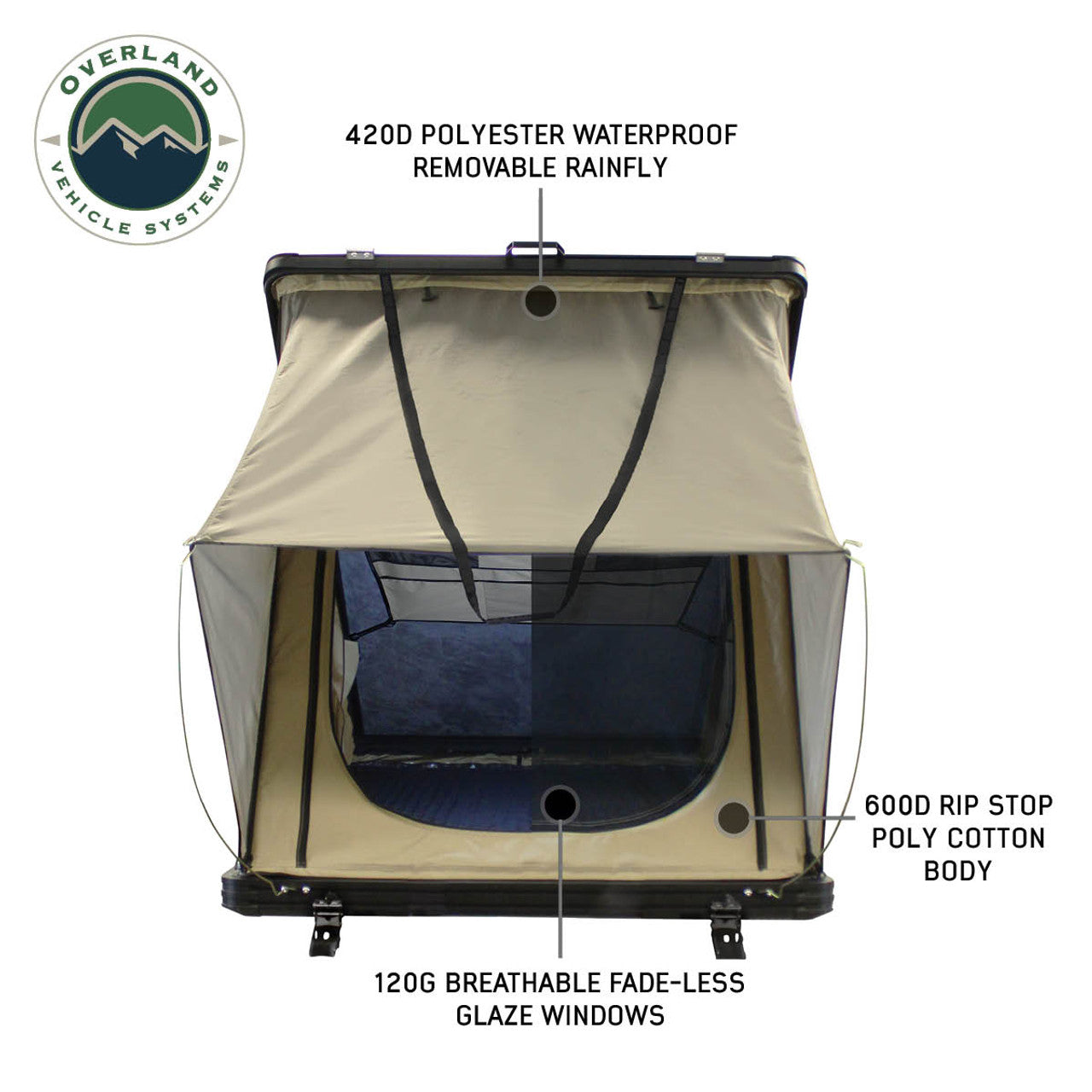 OVS Ld Tmon Clamshell Aluminum Hard Shell Roof Top Tent Tan Body Green Rainfly 2 Person Capacity 18119935