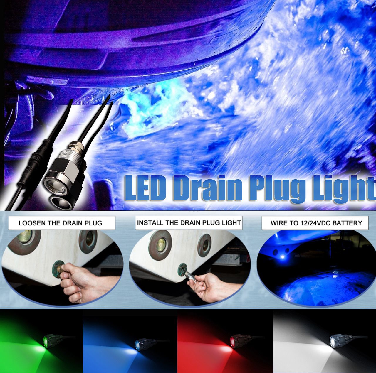 Race Sport 27W CREE LED Underwater Drain Plug Light Stainless Steel MS-27W-DP-RGB