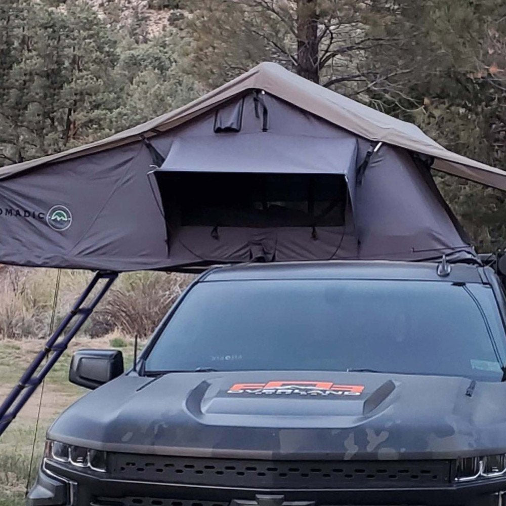 OVS Nomadic 4 Extended Roof Top Tent Dark Gray Base With Green Rain Fly & Black Cover Aluminum Base Ladder 18149936