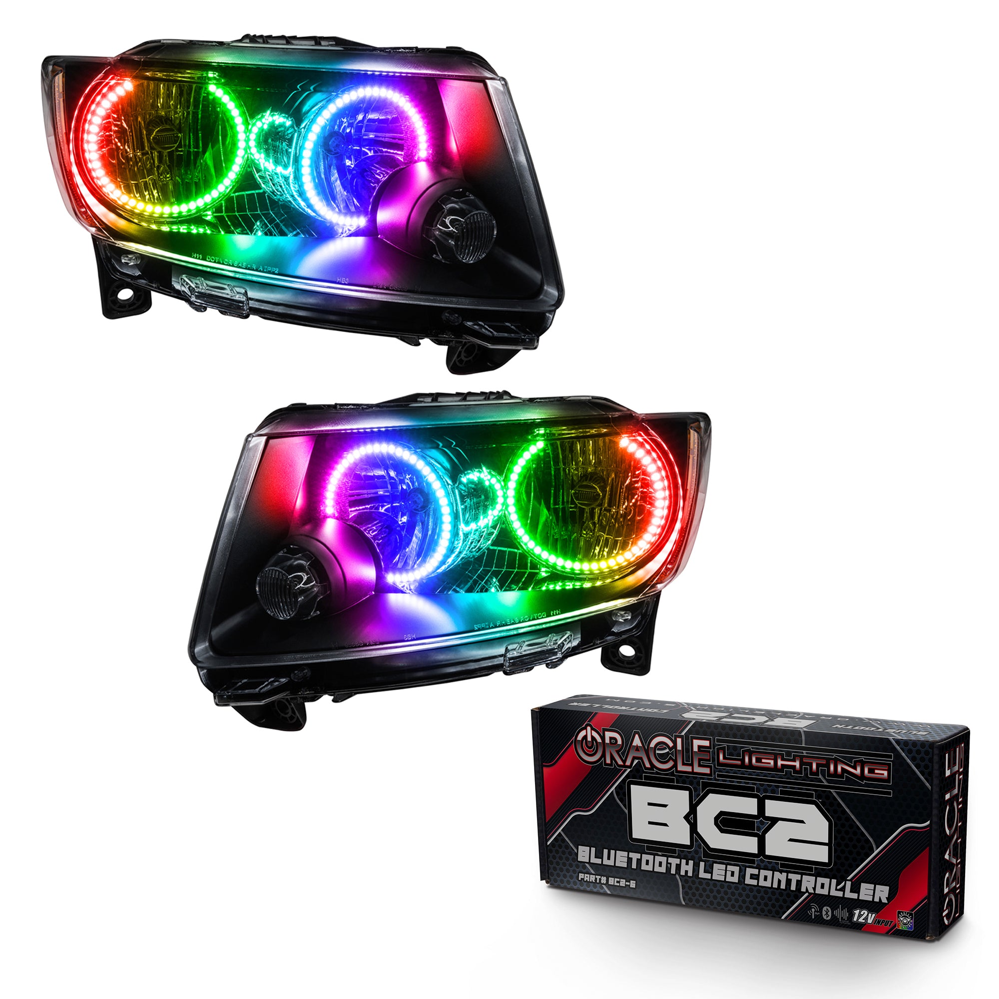 Oracle Lighting 2011-2013 Jeep Grand Cherokee Non-HID Chrome Housing Pre-Assembled LED Halo Headlights ColorSHIFT With BC2 Controller 7070-335