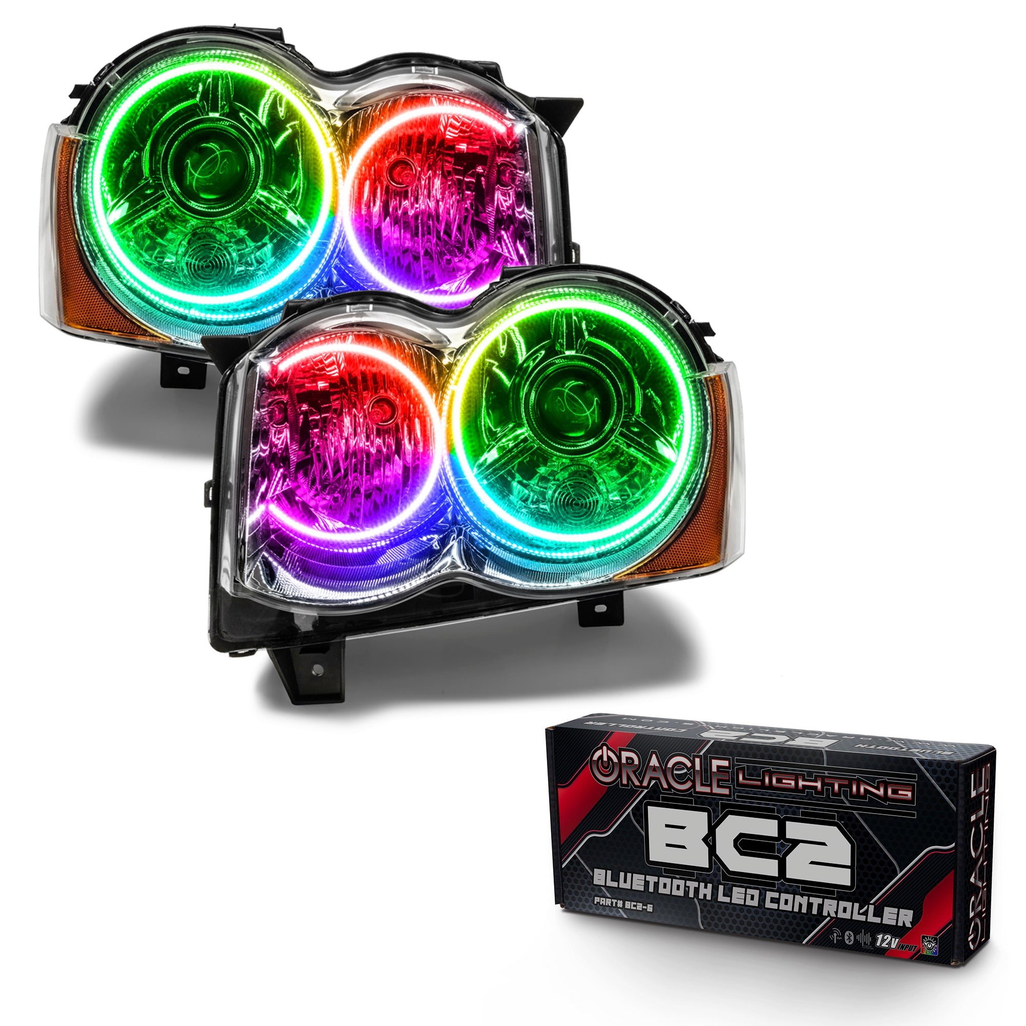 Oracle Lighting 2008-2010 Jeep Grand Cherokee Pre-Assembled HID LED Halo Headlights ColorSHIFT With BC2 Controller 7139-335