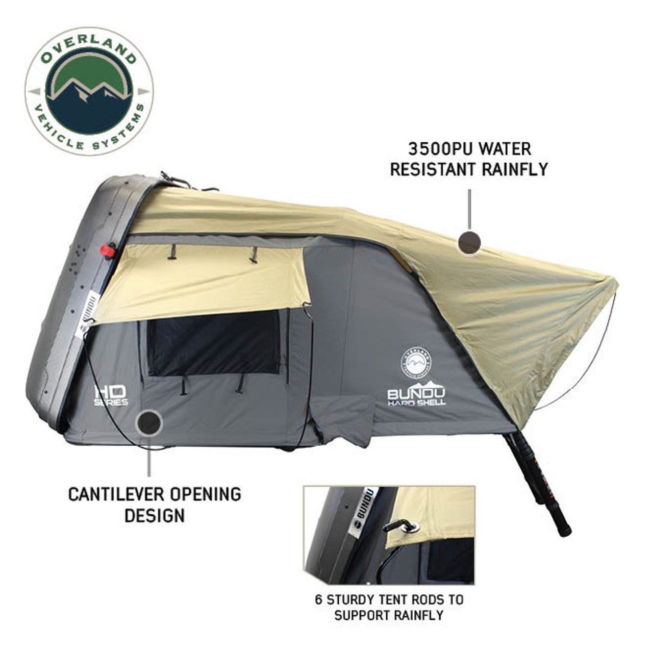 OVS HD Bundu 4 Up to 4 Adults HD Bundu Cantilever Hard Shell Roof Top Tent Grey Body & Green Rainfly 18389904