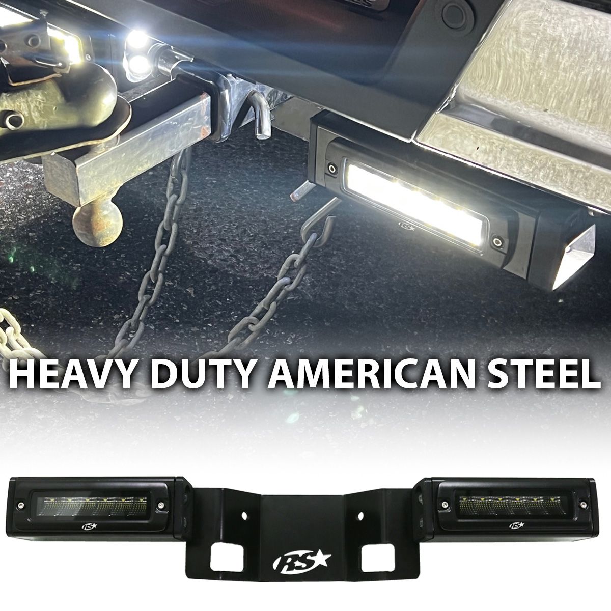 Race Sport 2019-2024 Dodge Ram 1500 Hitch Bar Reverse 7in LED Flood Lighting Heavy Duty Bolt On Blacked Out Kit with Heated Lens and Dual End Light Cap RAM1500HB19UP
