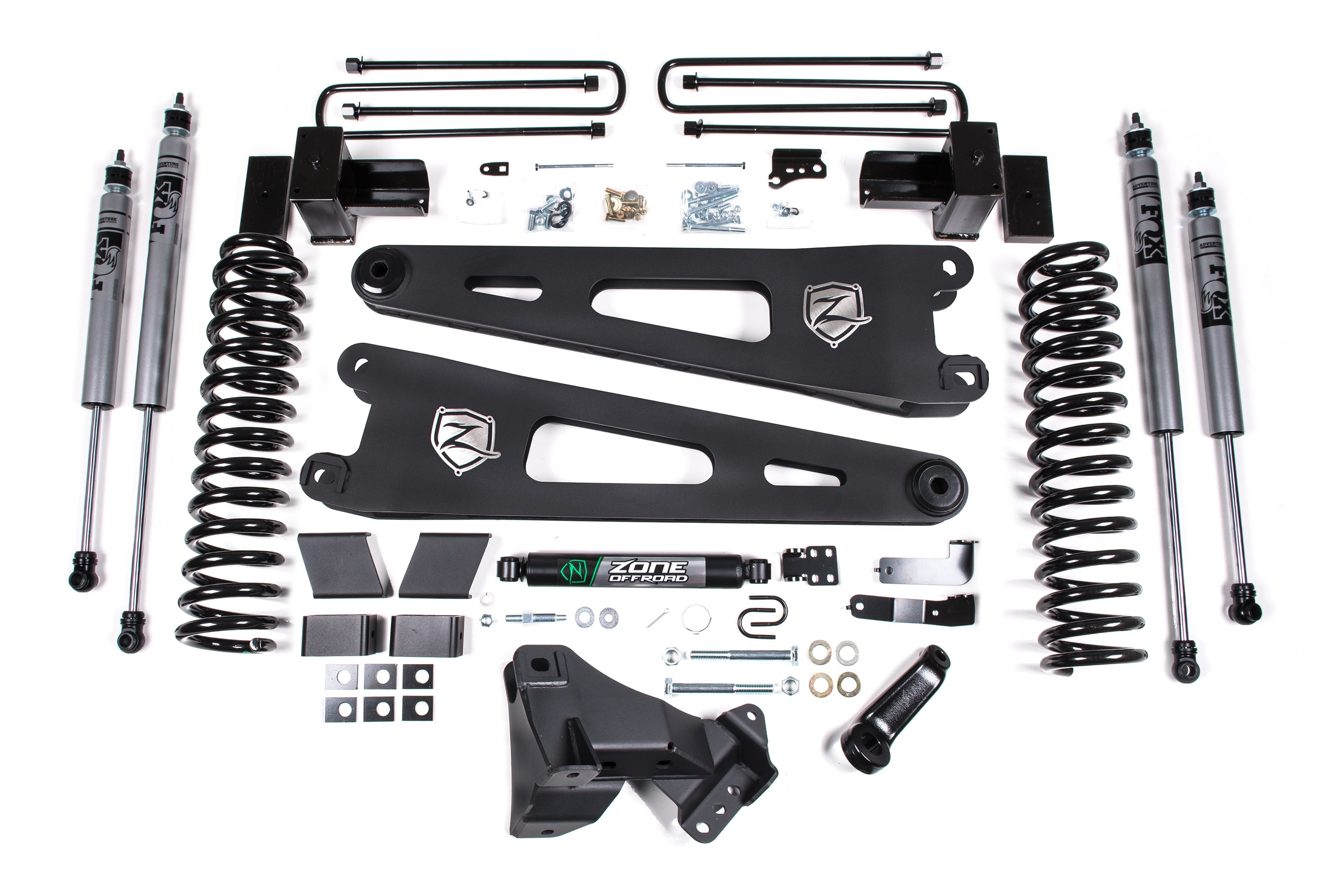 Zoneoffroad 2017-2019 Ford F250 F350 Super Duty 4WD Gas Block Kit With Factory Overload FOX 2.0 Adventure Series 4" Lift Kit With Radius Arm ZONF105F