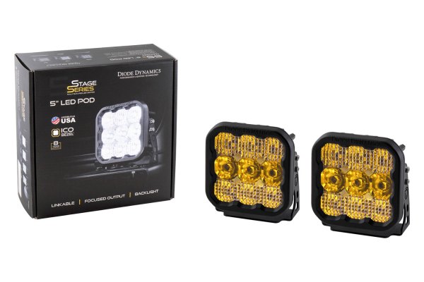 Diode Dynamics Stage Pro Series 5" 2x90W Square Flood Beam Yellow LED Lights DD6779P