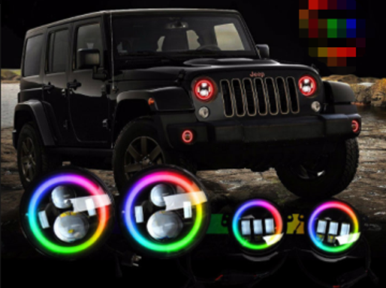 Race Sport 2018-2022 Jeep Wrangler JL 9 inch Adapted Headlight and 4 inch Foglight ColorSMART Combo Complete RGB Multi-Color kit RS9JL4-C