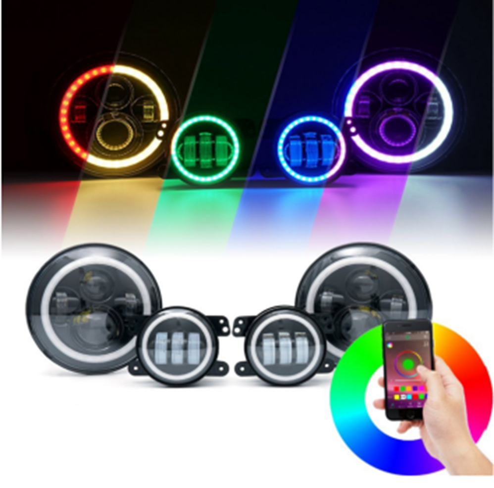 Race Sport 2018-2022 Jeep Wrangler JL 9 inch Adapted Headlight and 4 inch Foglight ColorSMART Combo Complete RGB Multi-Color kit RS9JL4