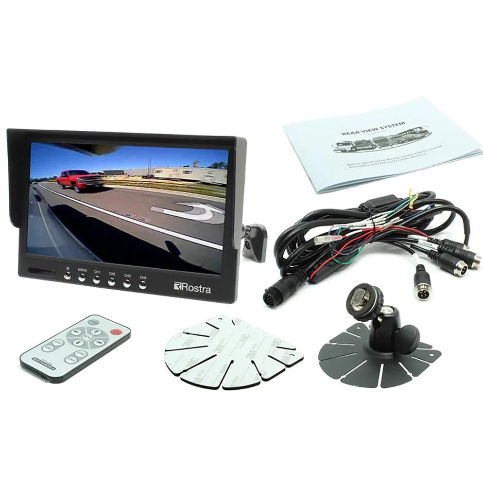 Rostra Accessories HD 7" Quad-View Capable Monitor with Windshield Stem Mount and Pedestal Mount Remote Control Power Video Extension Harness & 4-Pin to RCA  Adapter 2508223