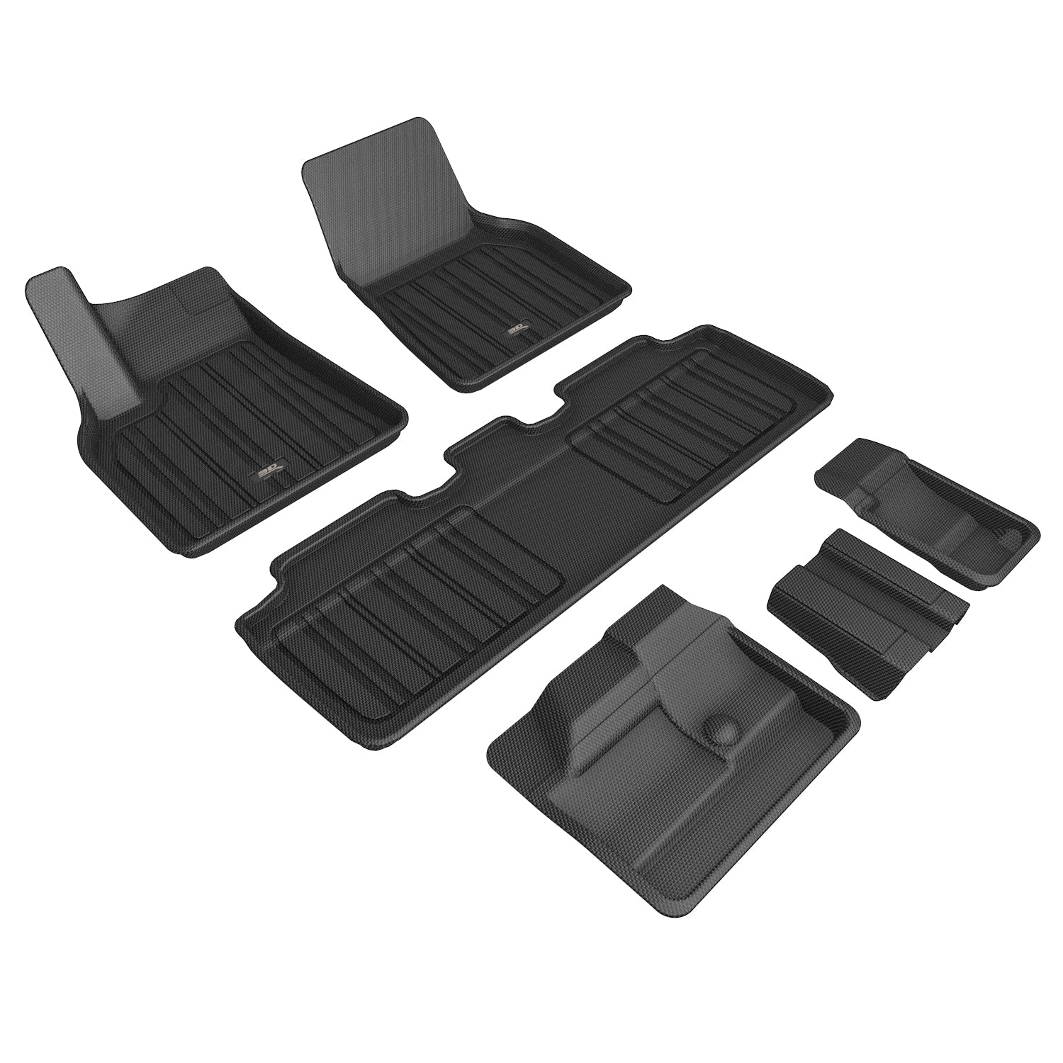 3D Maxpider 2021-2023 Tesla Model Y 7 Seat 1st Row 2nd Row 3rd Row Elitect Carbon Fiber Embossed Pattern Floor Mat  Black E1TL03601809