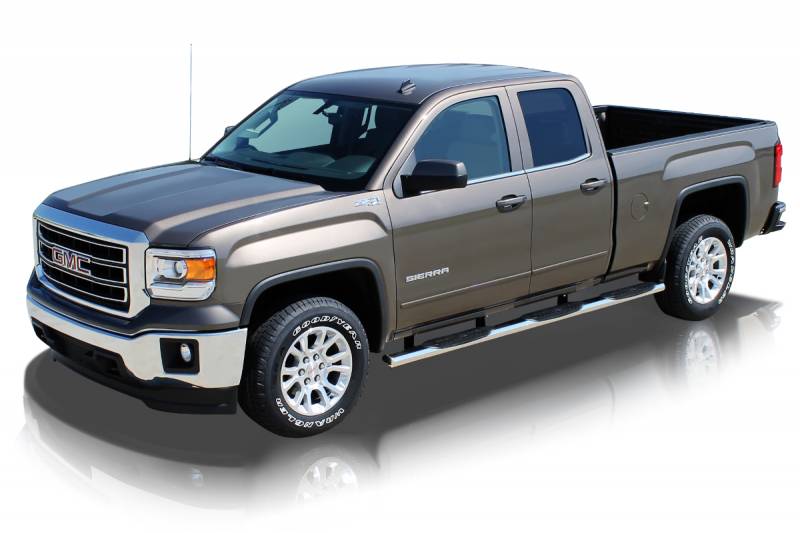 Raptor Series 1999-2013 Chevrolet Silverado GMC Sierra 1500 1999-2019 2500 Extended Double Cab 6.5ft Bed 2000-2019 3500 Extended Cab Double Cab 8ft Bed Dually Polished Stainless Steel Cab Mount 4" Oval Wheel to Wheel Step Bars 0401-0016M