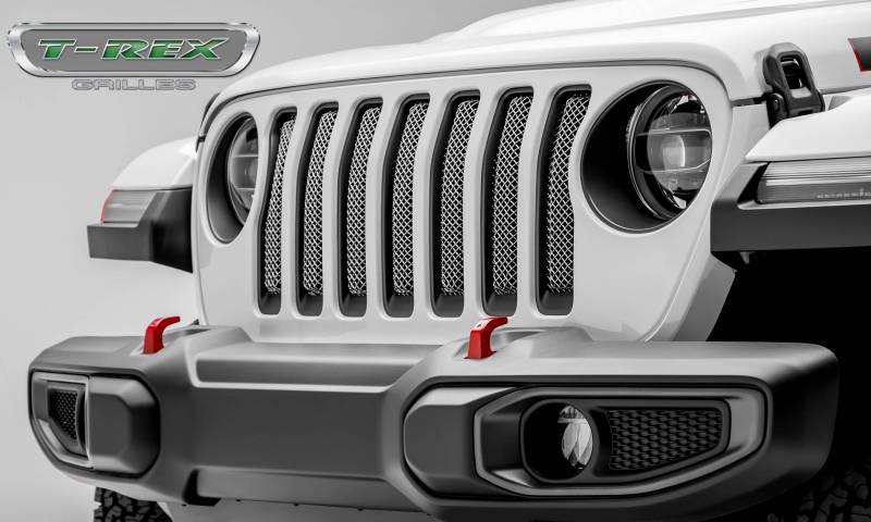 T-Rex 2018-2023 Jeep Wrangler JL 2020-2023 Jeep Gladiator Sport Series Formed Mesh Grille Installs behind factory grille Polished 44493