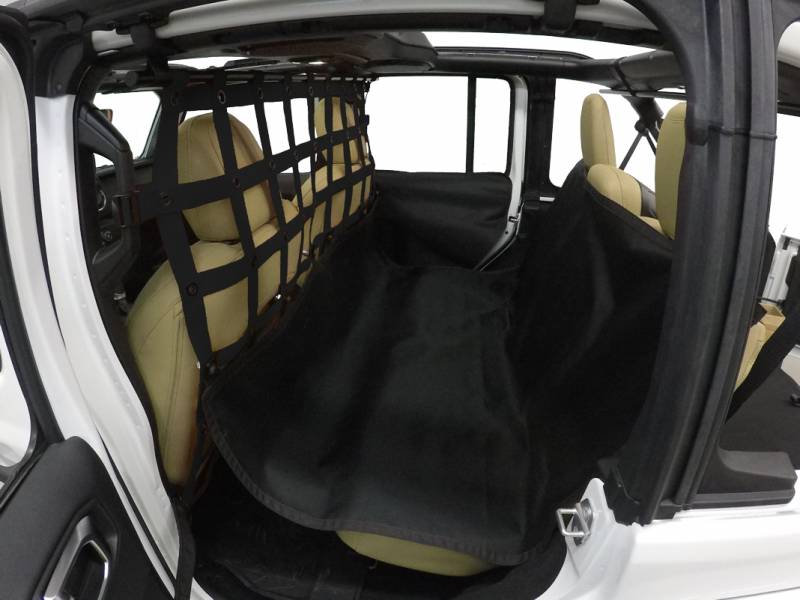 DirtyDog 2018-2022 Jeep Wrangler JLU 2020-2022 Gladiator JT 4 Door Pet Divider With Hammock And Door Protectors Behind Front Seats Webbing Black JL4PH18HBK