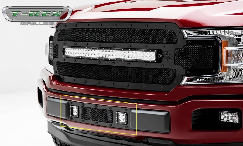 T-Rex 2018-2020 Ford F-150 Stealth Series Bumper Grille Overlay (2) 3 Led Light Bar Black Studs With Black Powdercoat Finish 6325791-BR