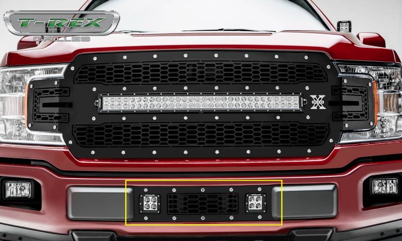 T-Rex 2018-2020 Ford F-150 Laser Bumper Grille Overlay (2) 3 Led Light Pods & Chrome Studs And Black Powdercoat Finish 7325711