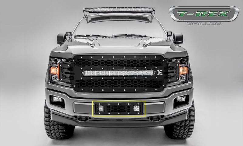 T-Rex 2018-2020 Ford F-150 Laser Bumper Grille Overlay (2) 3 Led Light Pods & Chrome Studs And Black Powdercoat Finish 7325711