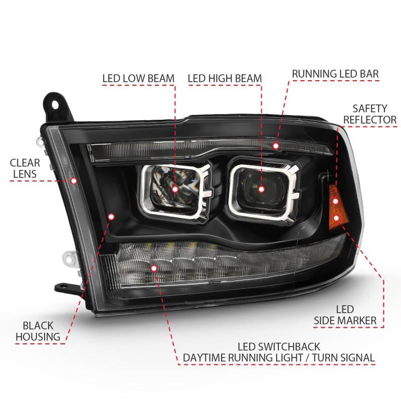 For 2009-2018 Dodge Ram 1500 2500 3500 – LED Halo Projector Headlights, Chrome Housing, Clear Lens