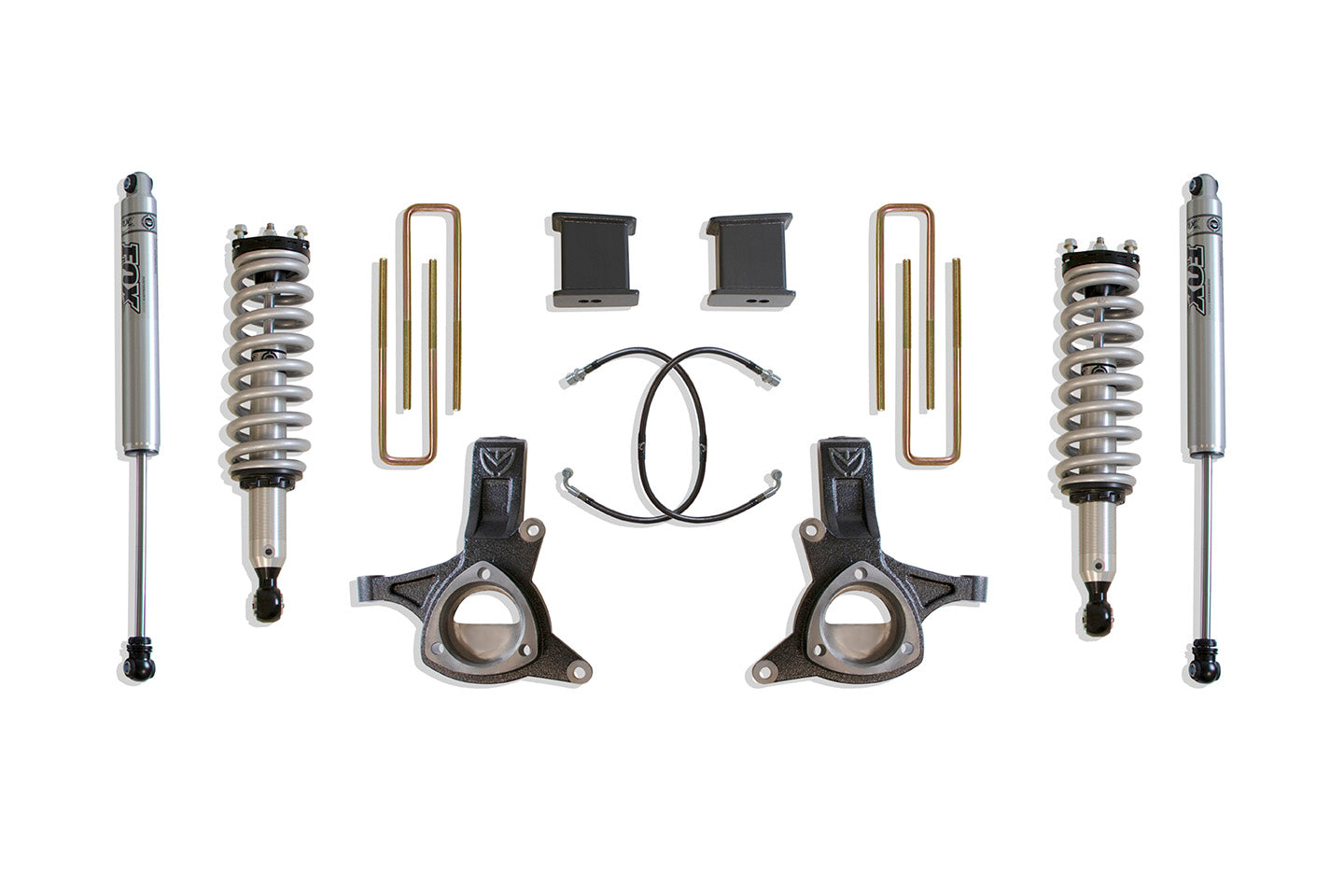 MaxTrac Suspension 2WD 7" Lift Kit Including Fox 2.0 Performance Series Coilovers Spindles Extended Brake Lines Blocks U-Bolts & Rear Shocks K881774F
