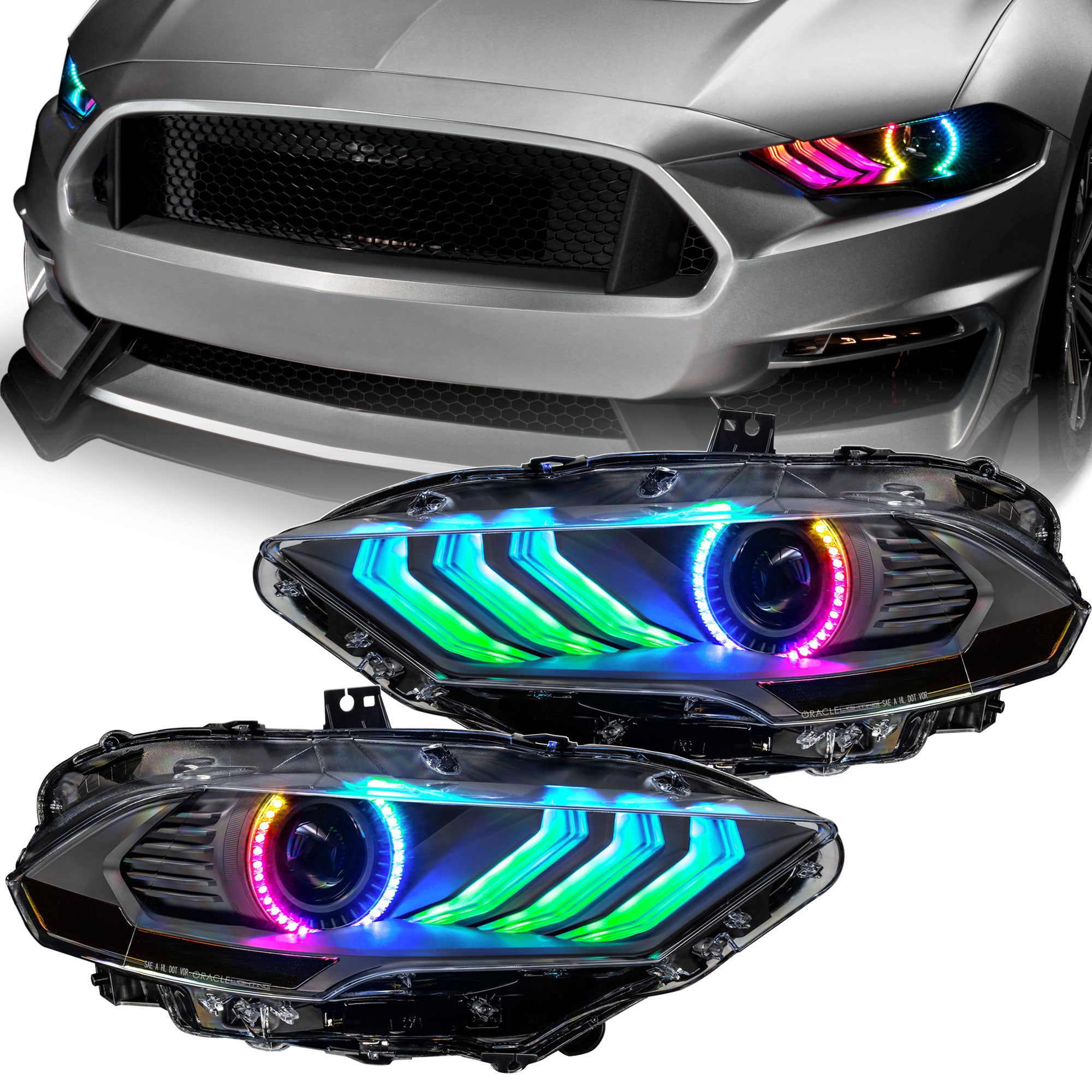 Oracle Lighting 2018-2023 Ford Mustang Black Series Dynamic ColorSHIFT LED Headlights With Sequential Turn Signal 8204-332