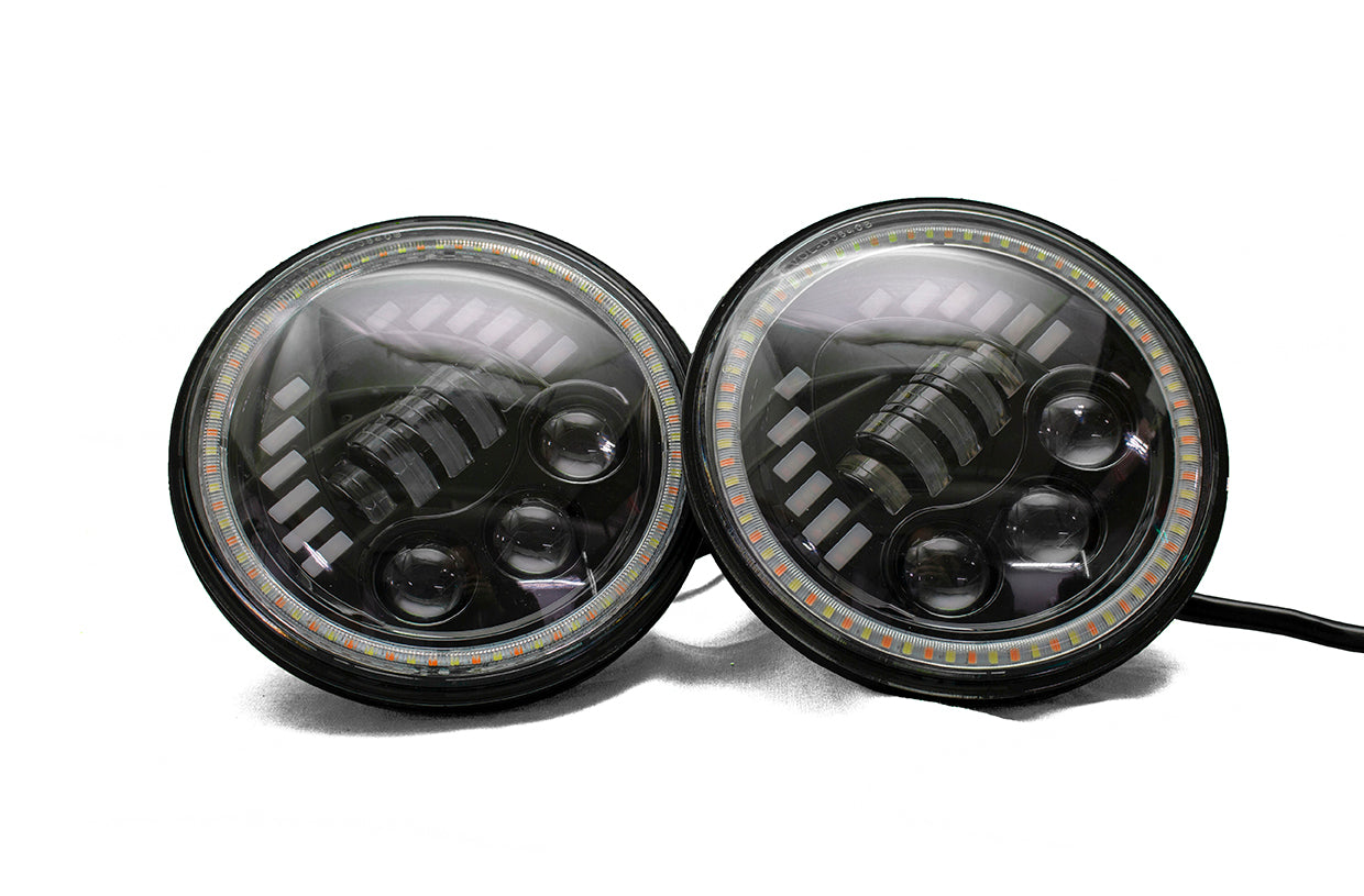Race Sport Pair of 7 Inch 60 Watt LED Sealed Beam Conversion Headlights with Amber White DRL Turn Signal Function Capability RS8061WA