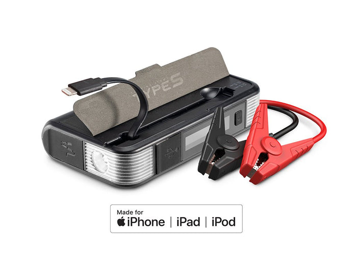 Type S 12V 6.0L Battery Jump Starter with Built-in MFi Certified Lightning Cable & LCD Display and 8,000mAh Qi Power Bank Black AC532777-1